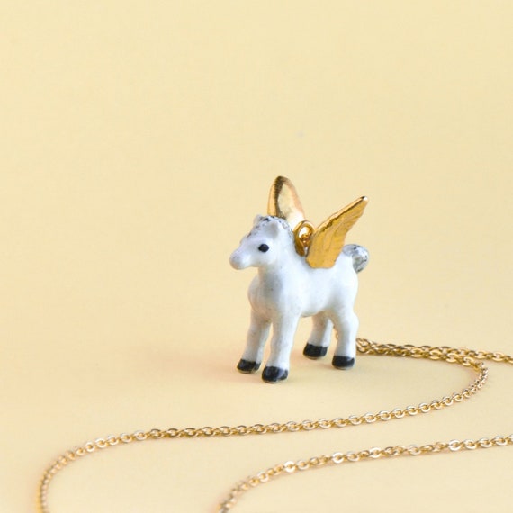 Porcelain Pegasus Necklace • Hand-Painted Ceramic Pendant • Camp Hollow Animal Jewelry • Gold Mythic Gift