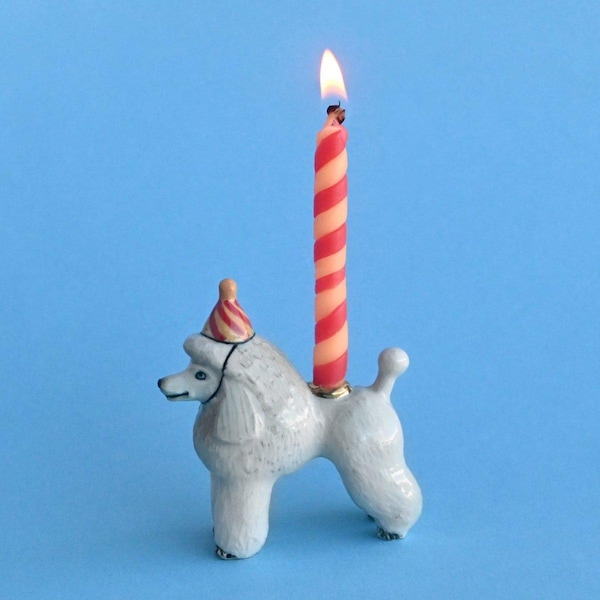 Porcelain Poodle Cake Topper • Hand-Painted Ceramic Candle Holder • Camp Hollow Animal Decor • Dog Gift