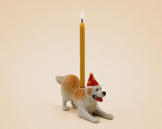 Porcelain Golden Retriever Cake Topper • Hand-Painted Ceramic Candle Holder • Camp Hollow Animal Gift • Dog