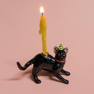 黒猫のケーキトッパー | 手作り磁器の置物 | キャンプホローの収集価値のある家宝アート | バースデーキャンドルホルダー | 全部集めよう!