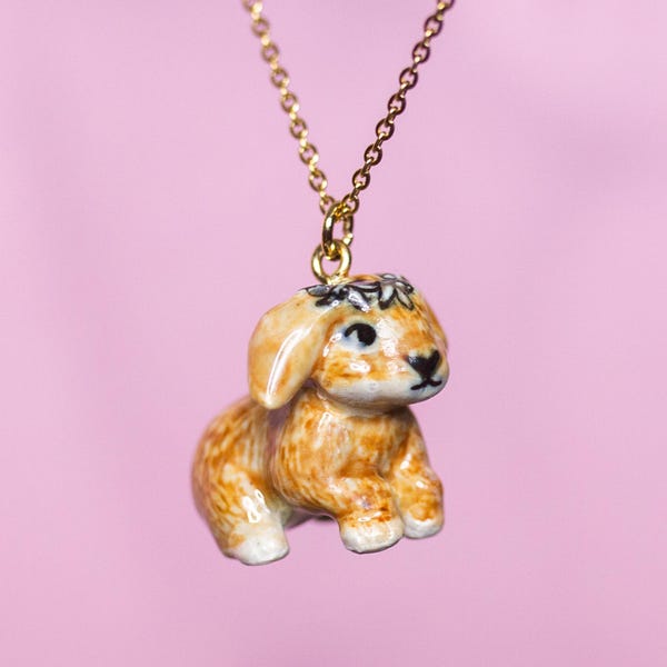 Porcelain Bunny Necklace • Hand-Painted Ceramic Pendant • Camp Hollow Animal Jewelry • Rabbit Mom Gift