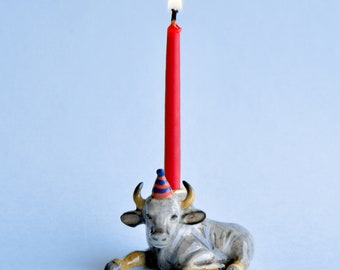 Year of the Ox Cake Topper |  Porcelain Figurine | Camp Hollow Collectable Heirloom Art | Birthday Candle Holder | Collect them All!