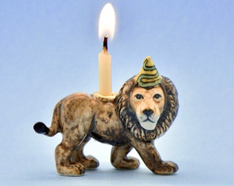 Lion Candle Holder | Handcrafted Porcelain Figurine | Camp Hollow Collectable Heirloom Art | Birthday Candle Holder | Collect them All!