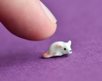 Cute Handmade Porcelain White Rat Mouse Statue | Dollhouse Mice Miniature Pottery Decor | Collectible Rat Porcelain Animal Art (AO028)