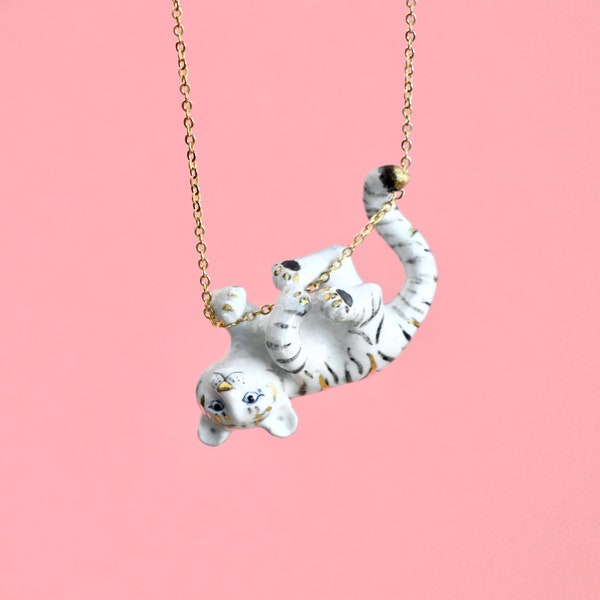 GOLDEN White Tiger Necklace | Handcrafted Porcelain Jewelry | Camp Hollow Collectible Heirloom Art | The Perfect Gift | Collect them all!