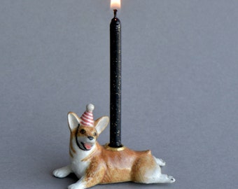 Corgi Cake Topper | Handcrafted Porcelain Figurine | Camp Hollow Collectable Heirloom Art | Birthday Candle Holder | Collect them All!