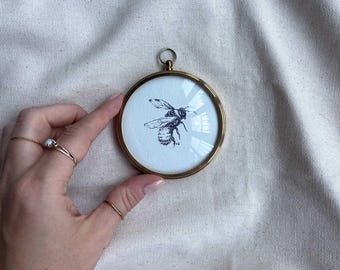 Miniature Bee Art Print in Vintage Gold Domed Frame