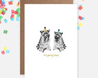 Fun Raccoon Birthday Card - 'It's Party Time' - A6, Personalised, Recycled