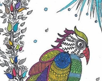 May include: A colorful illustration of a bird with intricate details, surrounded by flowers and leaves. The text "Birds for Nerds Adult Coloring Book www.Yesha-Art.com" is at the bottom of the image.
