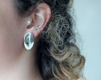 Plant Pattern earrings, handmade earrings, Ceramic Earrings, Black and white Earrings, Ceramic Stud earring, Handmade Porcelain Earrings