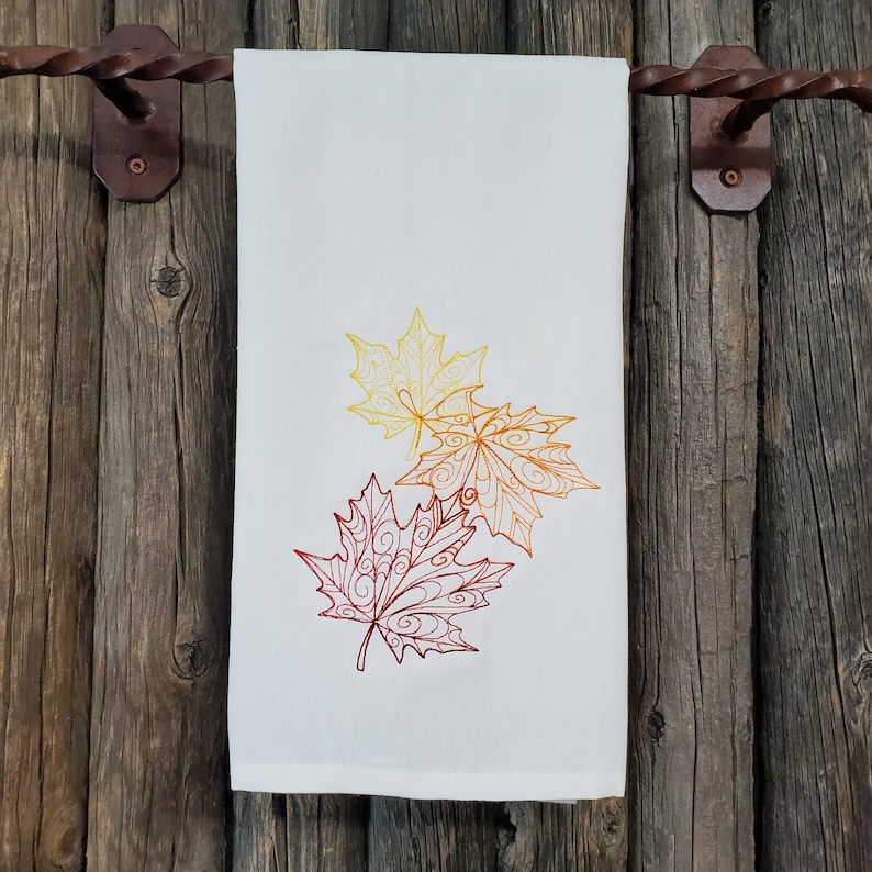 Falling Maple Leaves Autumn Rustic Farmhouse Home Decor Embroidered Kitchen Towel