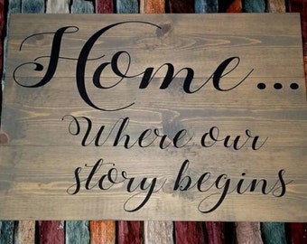 Rustic "Home.. where our story begins" funny happy cute house wood sign love