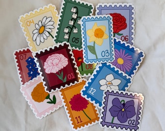 Birth Month Flower Stamp Waterproof Stickers | Birth Stone Sticker | Birth Flower Sticker | Month Sticker | Bday Sticker | Laptop Sticker
