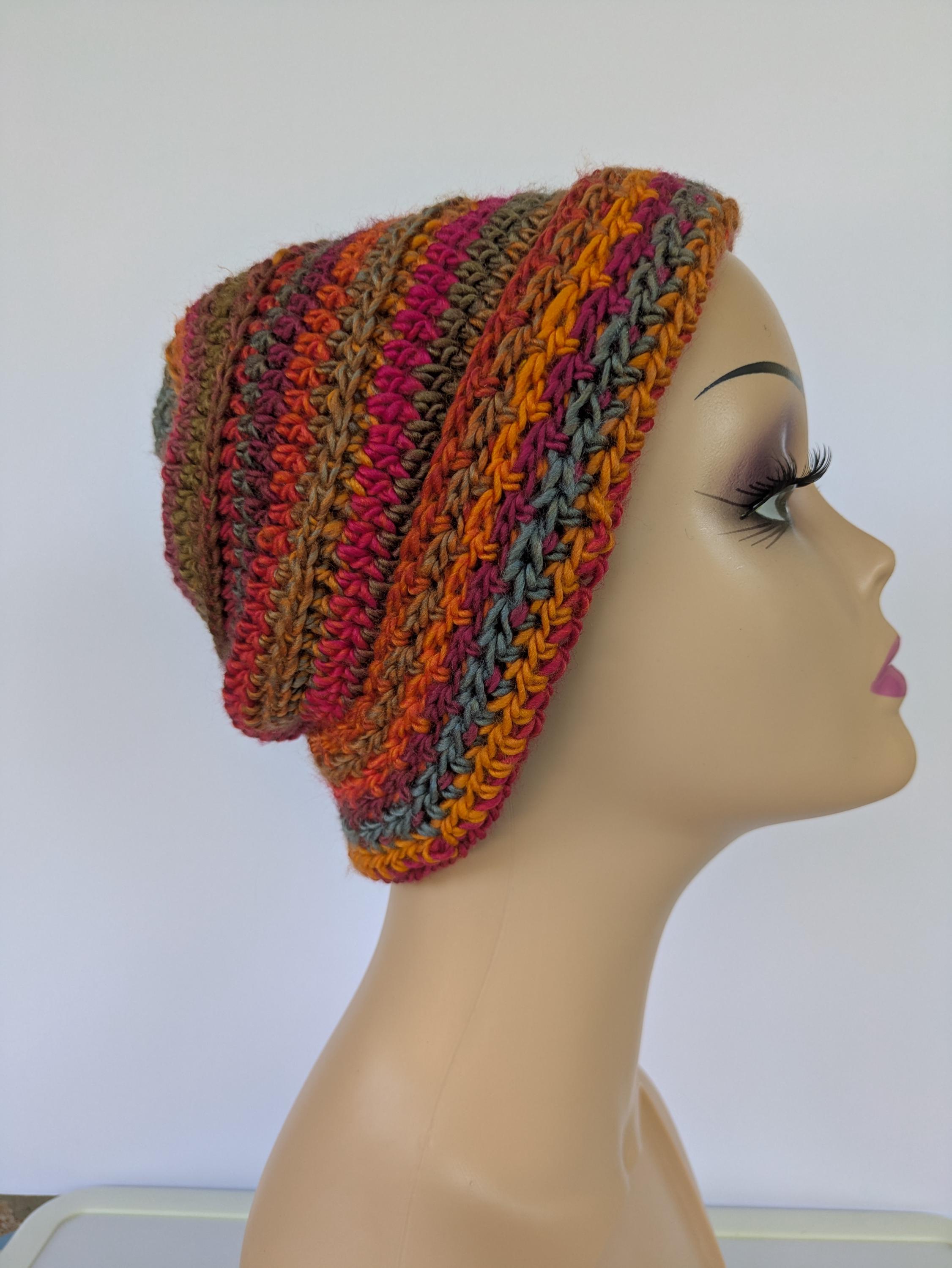 Hand made crocheted beanie NWOT. Multi colored ( red, orange, white) stretchy!! Red Orange Purple Crochet Beanie, Women main image 2