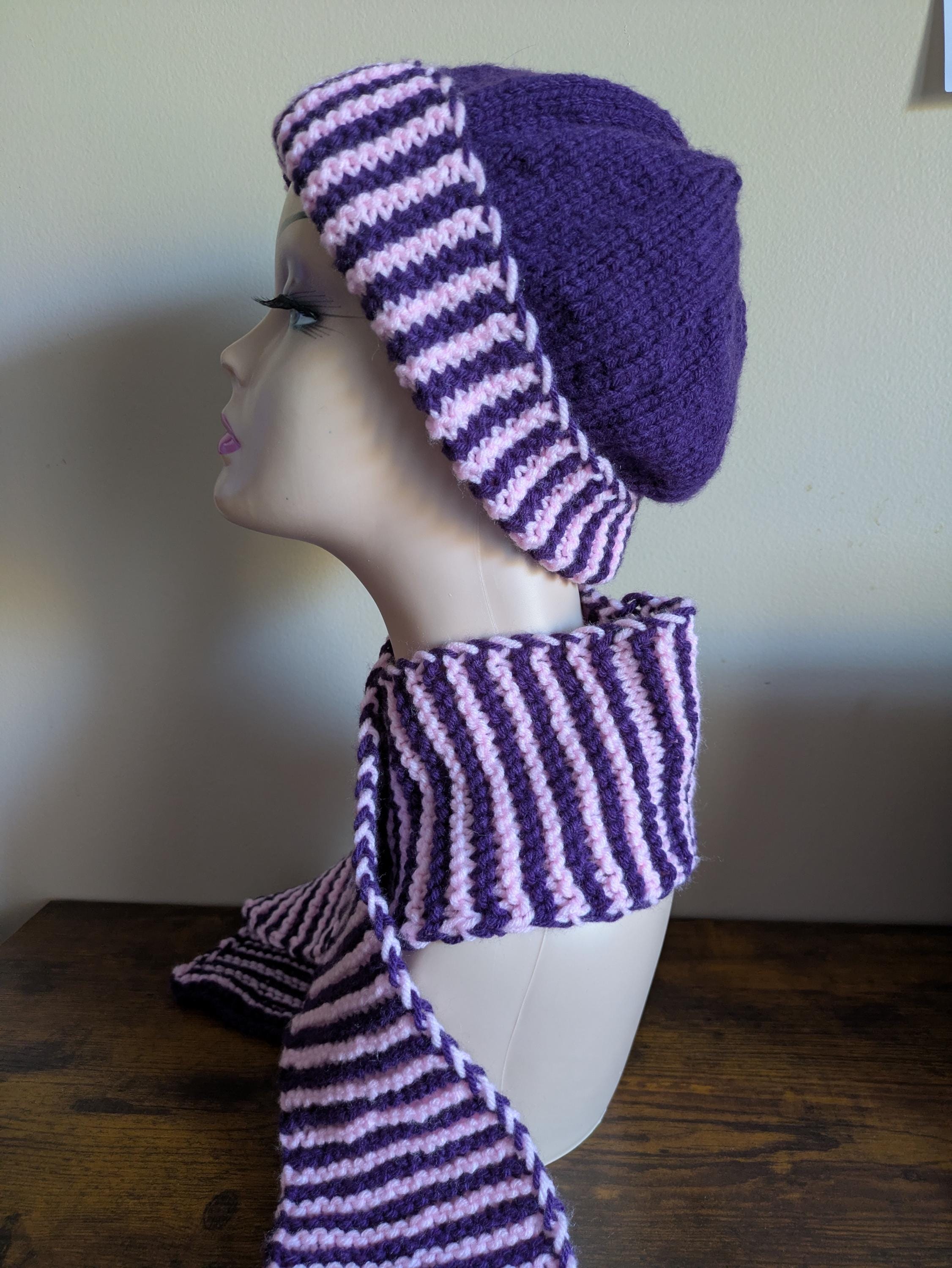 Handmade Knit Acrylic Beanie and Scarf Set: Purple and Pink 