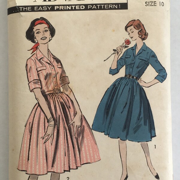 Sewing Pattern, Women's Dress, Vintage Pattern, 1950s, Advance 9052 size 10 CUT COMPLETE, Women's Shirtwaist Dress