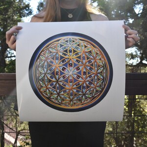 May include: A circular art print featuring a detailed geometric design with eye-like shapes in shades of blue, gold, and red. The artwork is set against a dark blue background and framed by a black border. The print is held up by a person.
