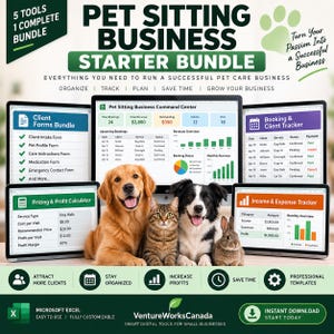 Puede incluir: Un paquete de inicio para un negocio de cuidado de mascotas con cinco herramientas para Microsoft Excel. La pantalla muestra un centro de control, formularios de clientes, rastreador de reservas, calculadora de precios y control de ingresos.