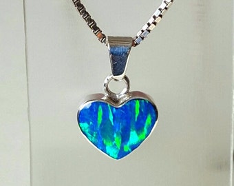Blue Opal Sterling Silver Heart Pendant Necklace.