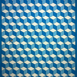 Op de afbeelding: Een blauw en wit optisch illusiepatroon met een herhalend kubusontwerp.