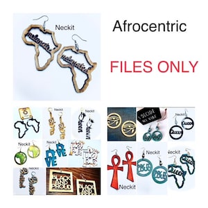 May include: A collection of wooden earrings with various designs, including African continent shapes, the word "Queen", and an Ankh symbol. The earrings are all brown, black, or blue. The text "Afrocentric" and "FILES ONLY" is visible in the image.