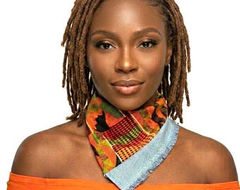 Bufanda de mezclilla con flecos y estampado kente africano