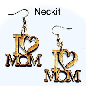I Love Mom Wood Dangle Earrings