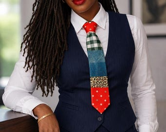 May include: A navy blue pinstripe vest and suit with a white collared shirt and a patterned tie. The tie features red polka dots, green gingham, denim, and leopard print. The woman is wearing gold hoop earrings and a gold bracelet.