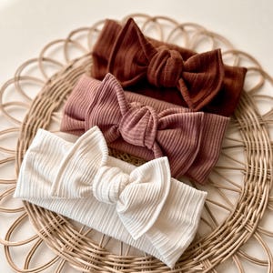 Neutral soft stretchy adjustable hand tied baby, child, adult ribbed hair bow headband