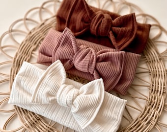 Neutral soft stretchy adjustable hand tied baby, child, adult ribbed hair bow headband