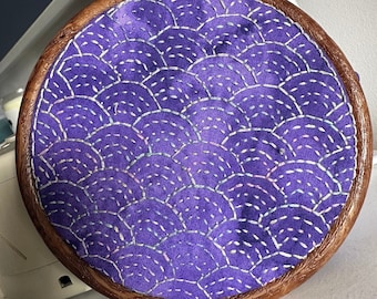 Handmade Sashiko Embroidery Wall Art – Rainbow Wave, Purple Fabric