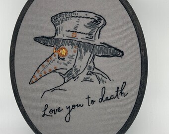 Morbid Valentine’s Gift - Handmade Steampunk Plague Doctor Embroidery Art, Gothic Romance