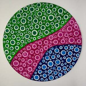 Handmade 3D blob painting on large flat wood circle - acrylic dot art in blue, pink, and green blob art, modern textured wall art with dots