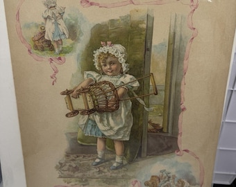 2 Antique Victorian Chromolithograph Prints Tea Party Carriage Dog Cat Nursery