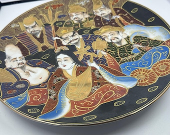 Antique Japanese Satsuma Moriage Plate, Seven Lucky Gods, Ornate Gold with Colorful 3D Texture