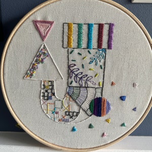 Handmade modern embroidery art - colorful geometric embroidery wall art - unique contemporary embroidery with abstract geometric shapes