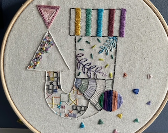 Handmade Geometric Embroidery Art – Colorful Modern Wall Decor