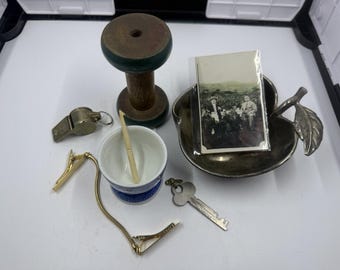 Estate Sale Grandpas Junk Drawer Lot of Vintage Collectibles: Key Bobbin Whistle