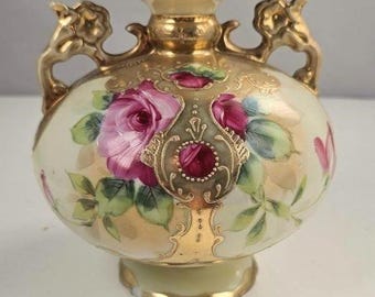Antique Nippon Hand Painted Vase, Art Nouveau Pink Roses Gilded Gold Urn