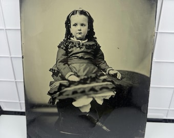 Antique Whole Plate Tintype: Victorian Child Photo 7x10, 1870s Girl in Dress