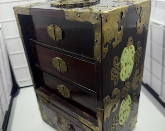 Antique Asian Jewelry Box, Ornate Brass, Carved Jade Inlay, Rosewood Chest