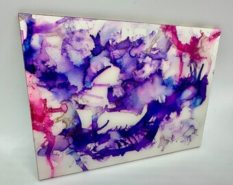 Glitter Alcohol Ink Painting, Abstract Pink Purple Gold Resin Art, 5x7 Canvas Board