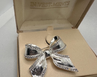 Vintage Brooch By In-Vest-Ments: Silver Plated Ribbon Bow Pin with Crystals, In Jewelry Box