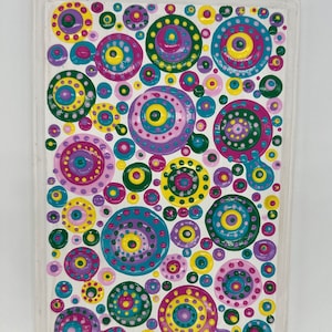 Blob art on wood board - colorful acrylic blob painting in blue, green, yellow, purple and pink - textured dot art, handmade fluid art dots