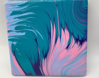 Acrylic Pour Painting on Ceramic Tile Coaster, Swirly Tree Ring Art