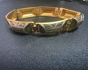 Vintage Spanish Damascene bracelet - midcentury European jewelry - hinged silver black gold bracelet from Spain