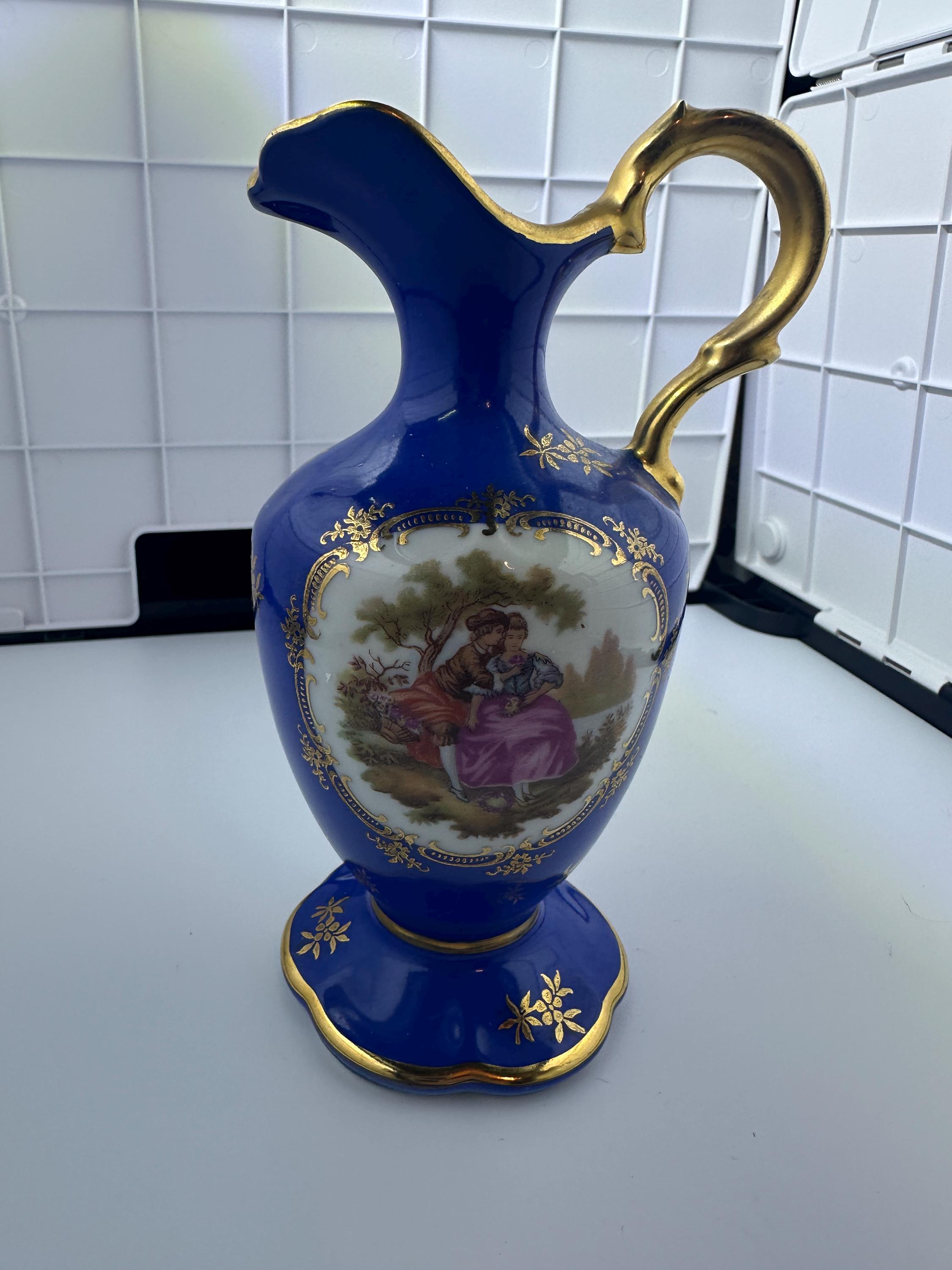 Vintage Limoges Small Jug Pitcher Ewer - Cobalt Blue & Gold Rococo