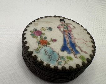 Antike versilberte Puderdose mit Spiegel - Chinesische oder Japanische Vintage Puderdose