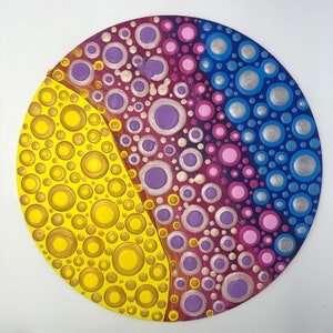 3D blob art on big wood circle - metallic acrylic blob painting in blue, purple, pink, yellow, silver, gold & rose gold - textured dot art