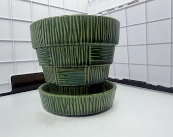 Vintage MCM McCoy Pottery 5" Green Basket Weave Flower Pot Planter With Drainage